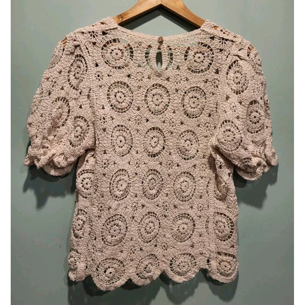 Solitaire Beige Open Knit Short Puff Sleeve Cottagecore Top Sz M - Picture 6 of 9
